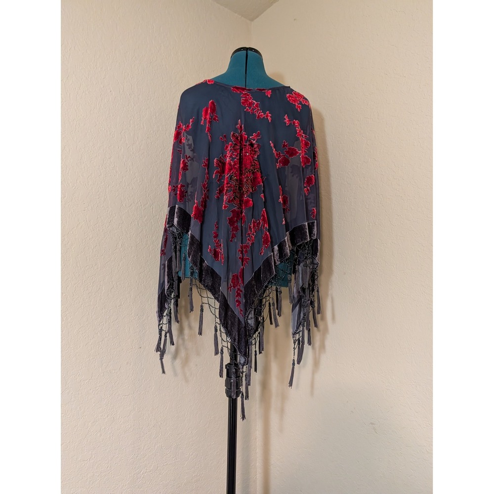 Jayley Silk Burnout Velvet Floral Poncho Cape Beaded Fringe Tassels Gray Red OS - Picture 2 of 5